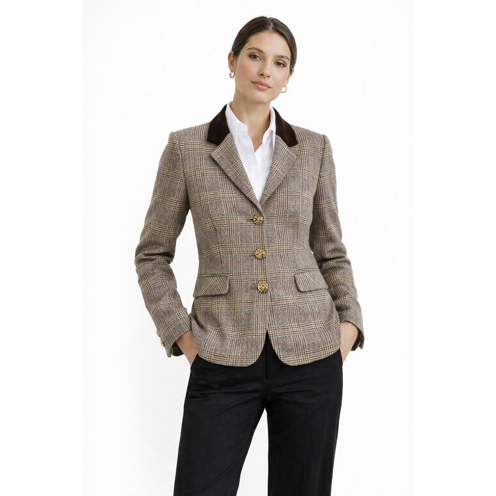 Pink Tartan Plaid Blazer Preppy Equestrian Waist Tab Academia Wool Blend 8